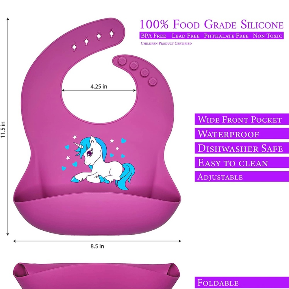 Unicorn Silicone Toddler Plate with Silicone Spoon And two baby Bibs - Picture 3 of 8